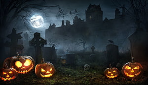 Spooky Halloween Graveyard with Glowing Jack-o'-Lanterns and Haunted Mansion Under Full Moon HD wallpaper