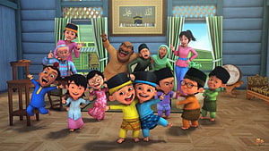 Upin & Ipin Animated Family Gathering in Traditional Malay Home HD wallpaper