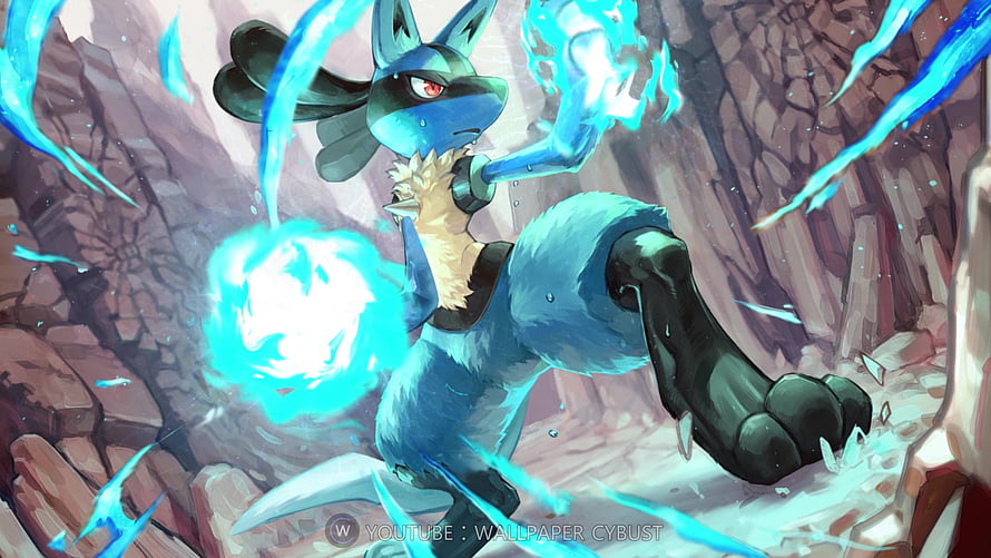 Shiny Mega Lucario Unleashing Aura Energy in Dynamic Anime Illustration HD wallpaper