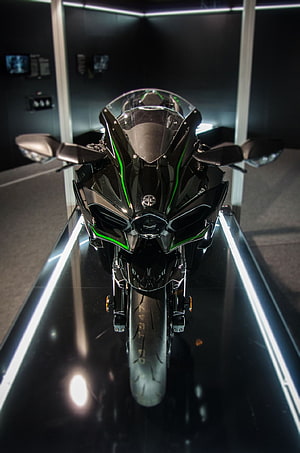 Black Kawasaki Ninja H2R Superbike on Display with Green Accents HD phone wallpaper
