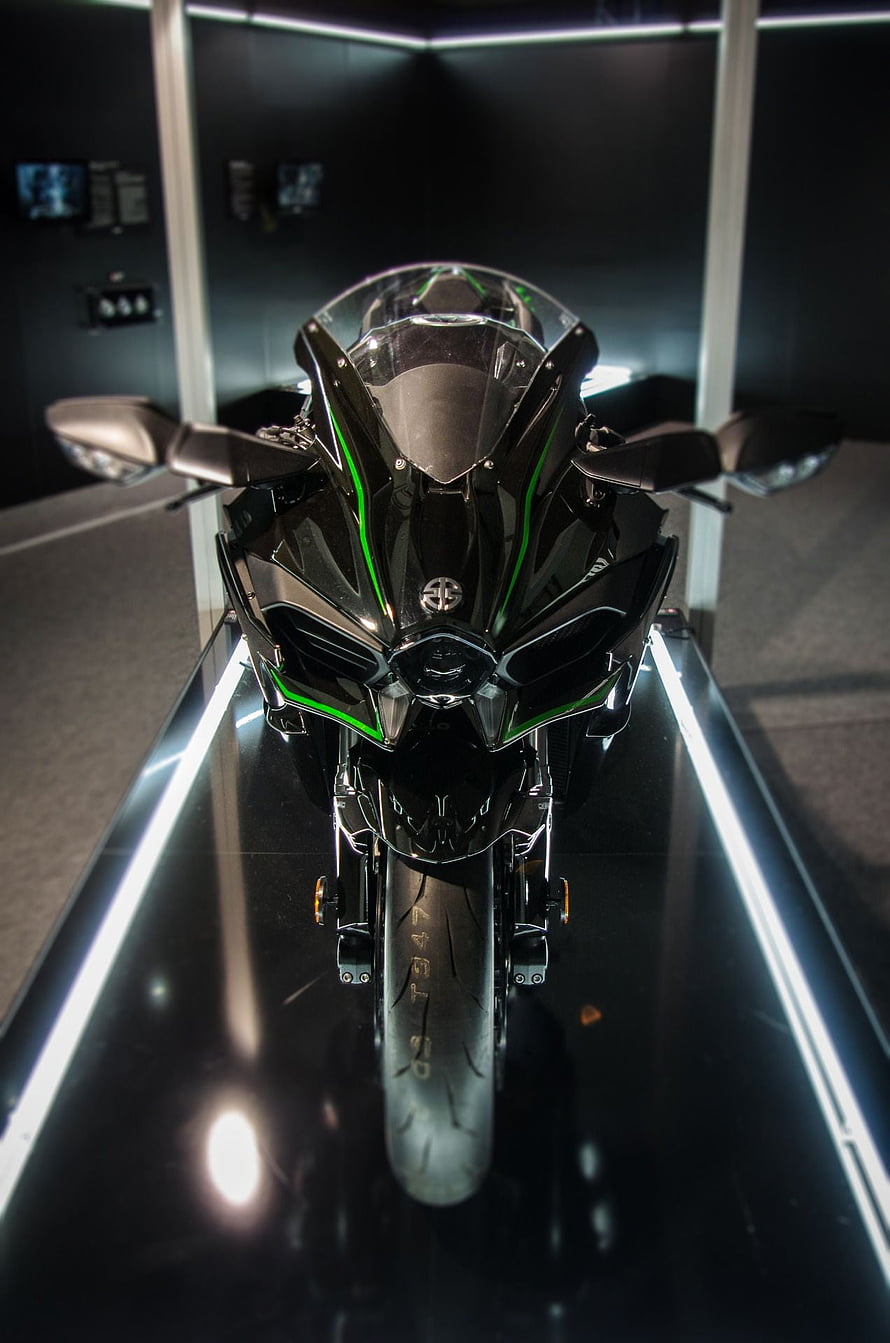 Black Kawasaki Ninja H2R Superbike on Display with Green Accents HD phone wallpaper