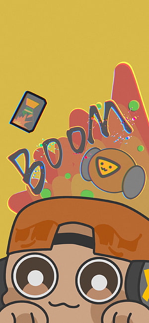 Cute Raze Character Illustration with Boom Text and Headphones on Yellow Background HD phone wallpaper
