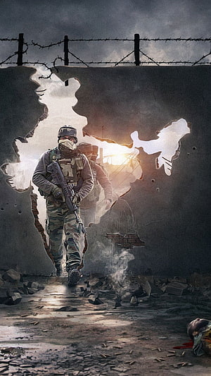 Soldier Emerging Through Destroyed Wall in War Zone HD phone wallpaper