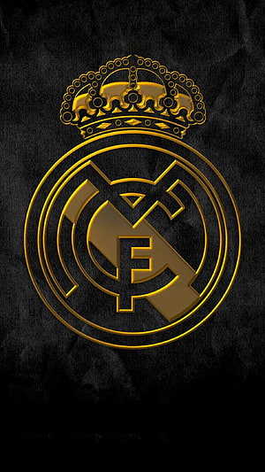 Real Madrid CF Golden Logo on Black Textured Background HD phone wallpaper