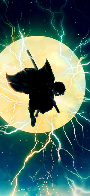 Anime Character Silhouette Leaping Through Lightning Storm Against Giant Moon HD phone wallpaper