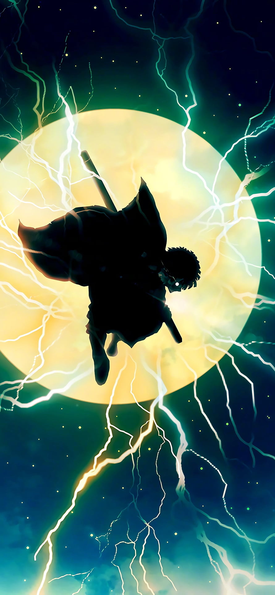 Anime Character Silhouette Leaping Through Lightning Storm Against Giant Moon HD phone wallpaper