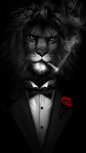 Anthropomorphic Lion in Tuxedo Smoking Cigar with Red Rose HD phone wallpaper
