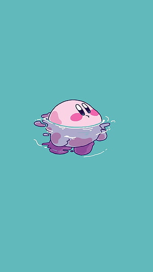 Sad Kirby Floating in Water on Teal Background HD phone wallpaper