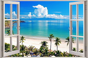 Tropical Beach View Through Open White Window With Palm Trees And Ocean HD wallpaper