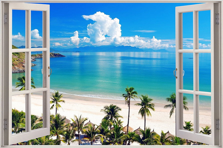 Tropical Beach View Through Open White Window With Palm Trees And Ocean HD wallpaper