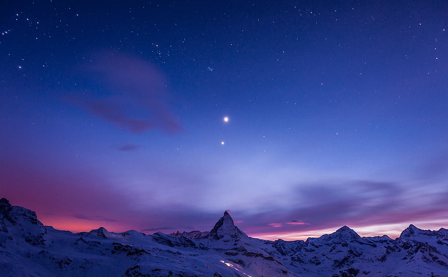 Matterhorn Mountain Peak Under Starry Night Sky With Pink Twilight Horizon HD wallpaper