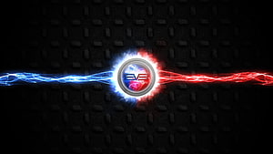 Electric Blue and Red Energy Streaks on Dark Metal Plate with Central Emblem HD wallpaper