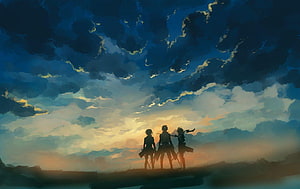 Attack on Titan Silhouettes Standing on Hilltop Under Dramatic Sunset Sky HD wallpaper