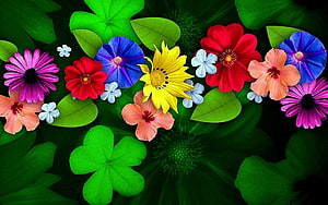 Vibrant Spring Flower Arrangement with Green Leaves and Clover HD wallpaper