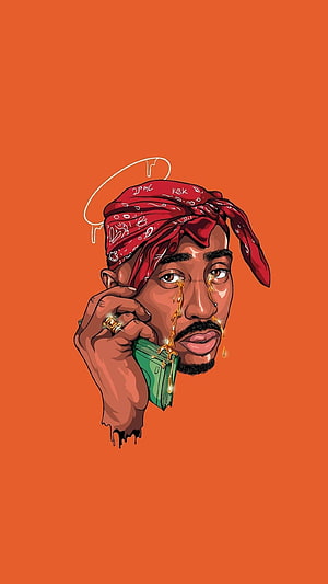 Tupac Shakur Digital Illustration Crying Money on Orange Background HD phone wallpaper
