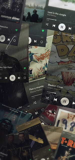Collage of Spotify Music Player Cards with Rain Overlay and Various Album Covers HD phone wallpaper