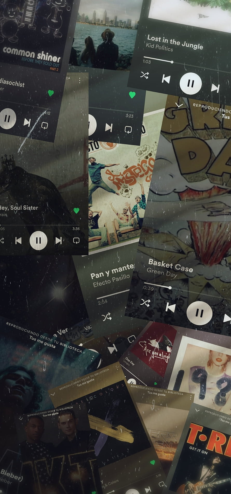 Collage of Spotify Music Player Cards with Rain Overlay and Various Album Covers HD phone wallpaper