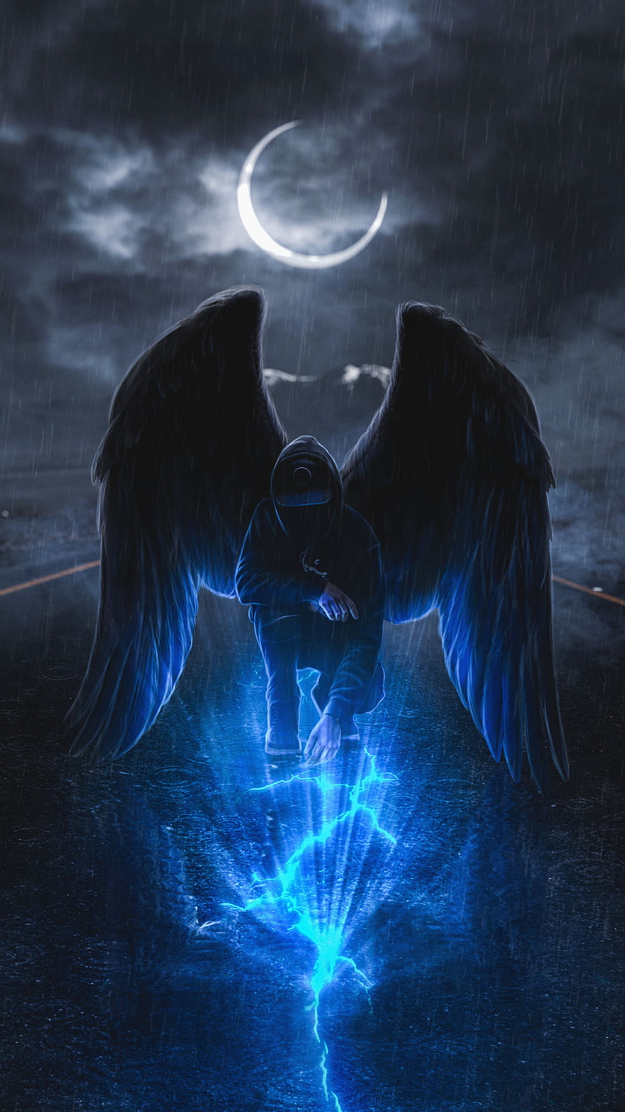 Dark angel with glowing blue wings kneeling in rain under crescent moon HD phone wallpaper