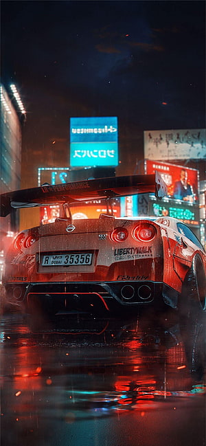 Red Nissan GT-R Liberty Walk Widebody in Neon City Rain HD phone wallpaper
