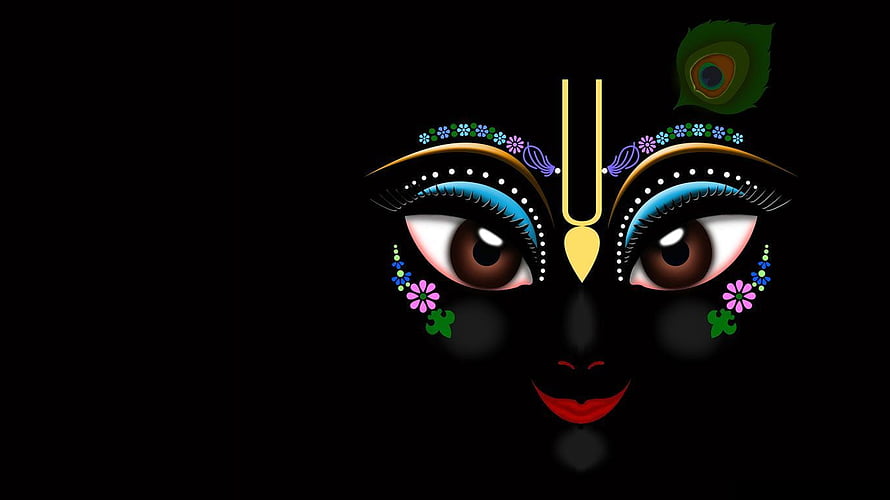 Krishna Eyes Artwork with Peacock Feather and Floral Decorations HD wallpaper