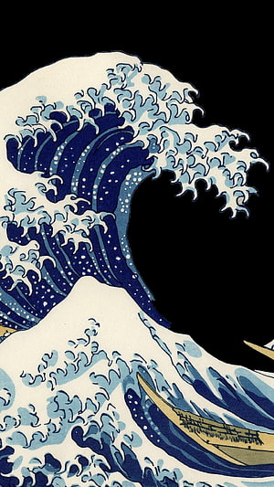 Great Wave Off Kanagawa Japanese Woodblock Print with Fishing Boats and Deep Blue Ocean Swell HD phone wallpaper
