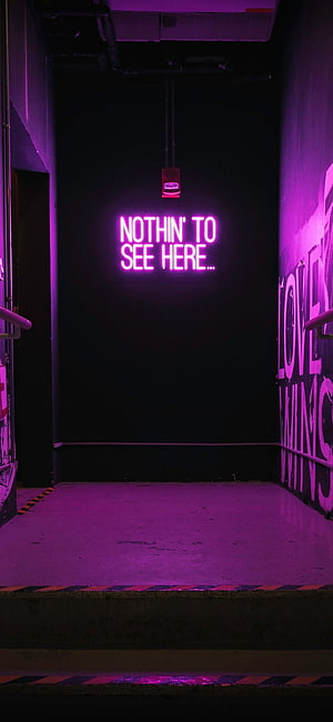 Purple Neon Sign in Dark Parking Garage with Graffiti Walls HD phone wallpaper