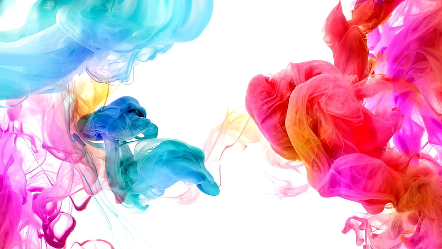 Vibrant Colorful Ink Swirls in Water with Blue, Pink, and Orange Hues on White Background HD wallpaper