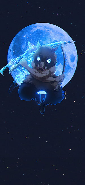 Inosuke Hashibira wielding dual swords against a glowing blue moon in a starry night sky HD phone wallpaper