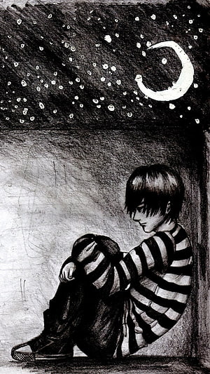 Sad Anime Boy Sitting Alone Under Starry Night Sky With Crescent Moon HD phone wallpaper