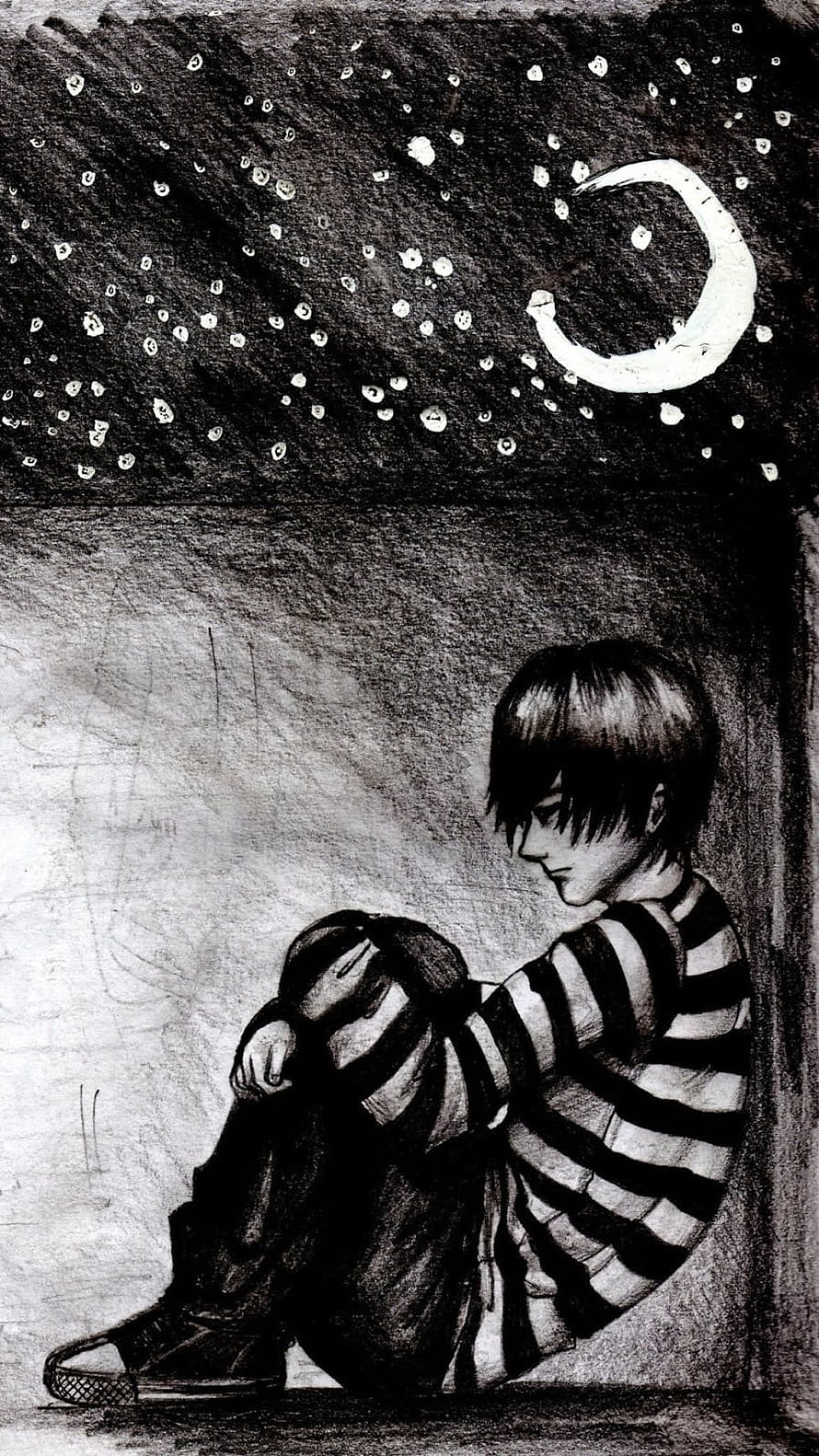 Sad Anime Boy Sitting Alone Under Starry Night Sky With Crescent Moon HD phone wallpaper