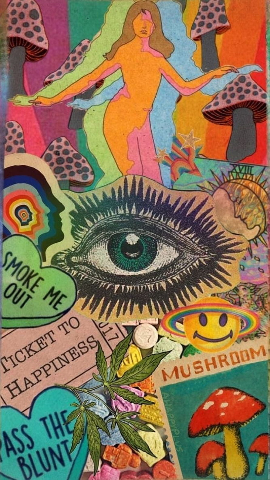 Psychedelic Hippie Art Collage Featuring Eye, Mushrooms, and Retro Typography HD phone wallpaper