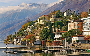 Lakeside Swiss Town with Colorful Villas and Mountain Backdrop HD wallpaper
