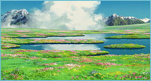 Studio Ghibli Animated Landscape with Snow-Capped Mountains and Wildflower Meadow HD wallpaper