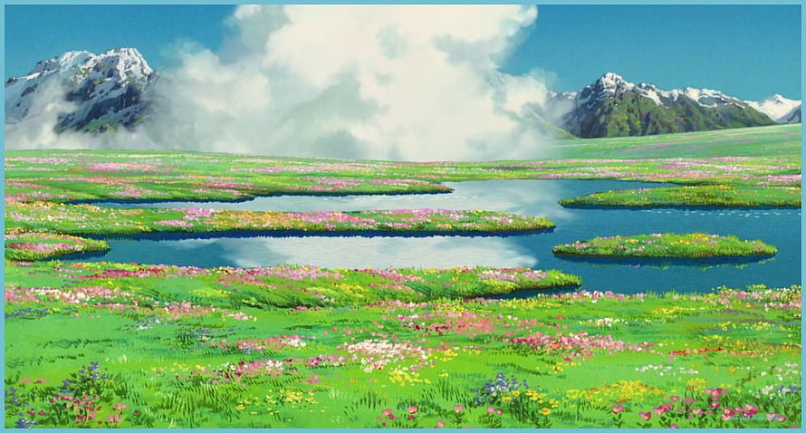 Studio Ghibli Animated Landscape with Snow-Capped Mountains and Wildflower Meadow HD wallpaper