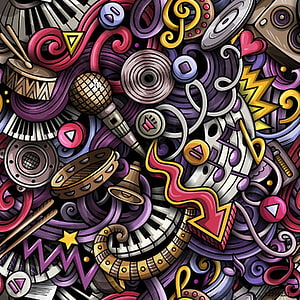Colorful hand-drawn doodle pattern featuring musical instruments, piano keys, and microphones in a vibrant cartoon style HD phone wallpaper