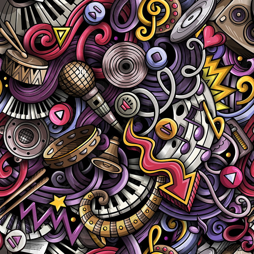 Colorful hand-drawn doodle pattern featuring musical instruments, piano keys, and microphones in a vibrant cartoon style HD phone wallpaper