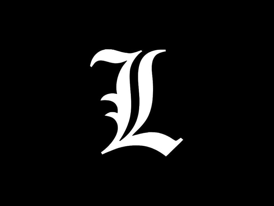 Death Note L Character Logo in Gothic Calligraphy Style on Black Background HD wallpaper