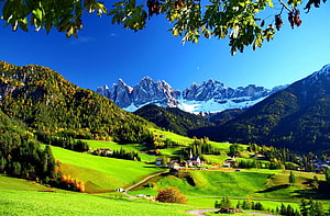 Stunning Dolomites Mountain Landscape with Green Valleys and Snowy Peaks HD wallpaper
