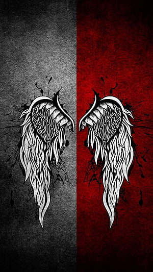 Split Angel Wings Tattoo Design on Black and Red Grunge Background HD phone wallpaper
