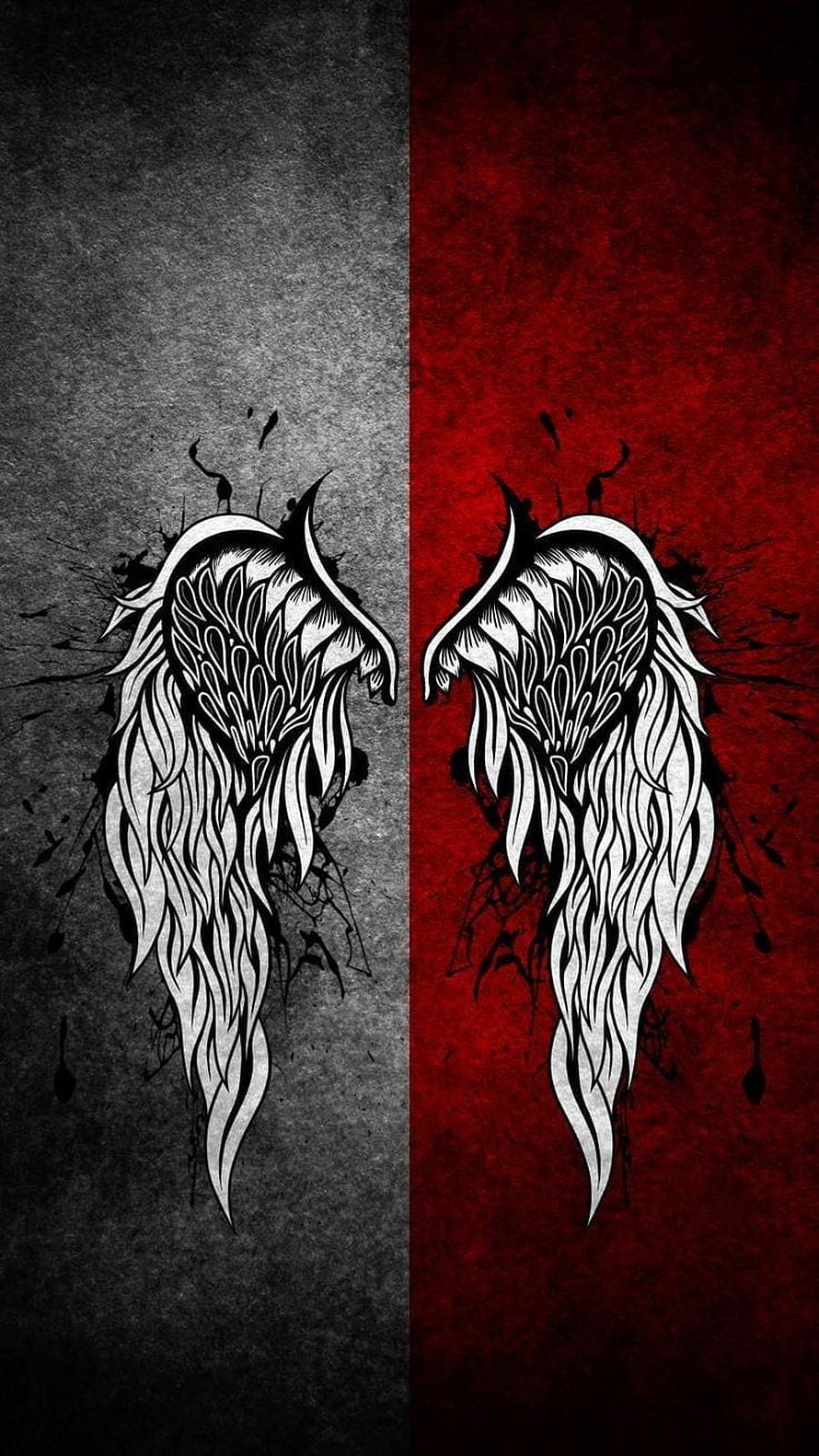 Split Angel Wings Tattoo Design on Black and Red Grunge Background HD phone wallpaper