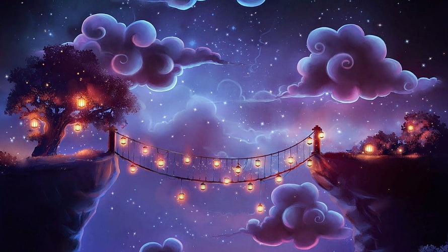 Magical Night Sky with Lantern-Lit Suspension Bridge and Floating Clouds HD wallpaper