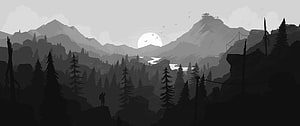 Grayscale Firewatch Mountain Landscape with Silhouetted Pines and Distant Cabin HD wallpaper