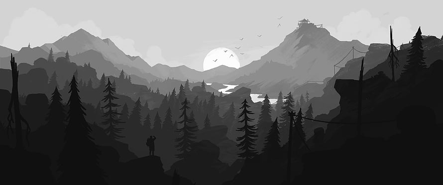 Grayscale Firewatch Mountain Landscape with Silhouetted Pines and Distant Cabin HD wallpaper