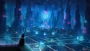 Cyberpunk Megalopolis at Night with Neon Signs and a Cat on a Rooftop HD wallpaper