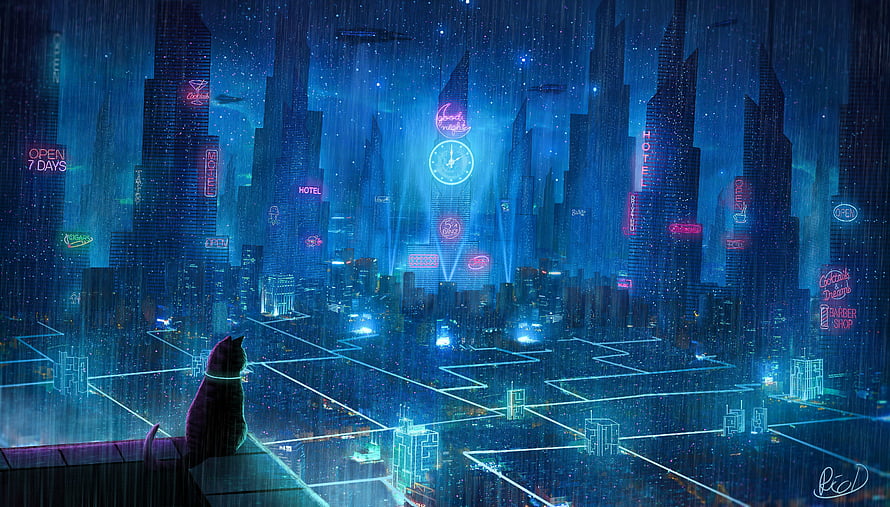Cyberpunk Megalopolis at Night with Neon Signs and a Cat on a Rooftop HD wallpaper