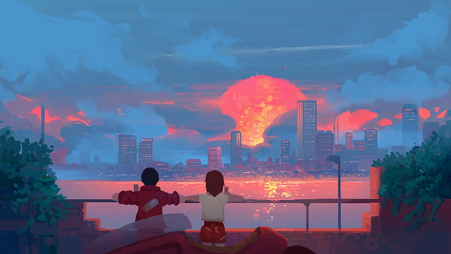 Anime Couple Watching Sunset Over City Skyline From Balcony HD wallpaper