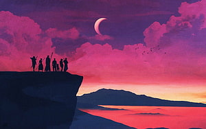 Critical Role Mighty Nein Silhouettes on a Cliff at Sunset with a Crescent Moon HD wallpaper