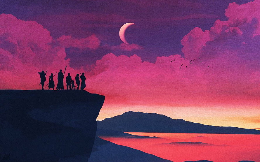 Critical Role Mighty Nein Silhouettes on a Cliff at Sunset with a Crescent Moon HD wallpaper