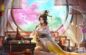Elegant Asian Woman in Traditional Hanfu Seated in a Cherry Blossom Room, Thoughts and Dreams, digital, art, fantasy, asian, , beautiful, girl, woman HD wallpaper