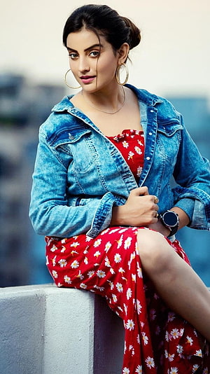 Aditi Rao Hydari in a red floral dress and denim jacket posing outdoors HD phone wallpaper